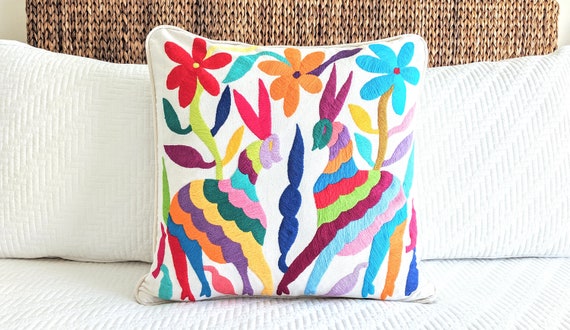 In Stock: Otomi Throw Pillow Cover Decorative Hand Embroidery Mexican Tenango Fabric in Multicolor 20x20