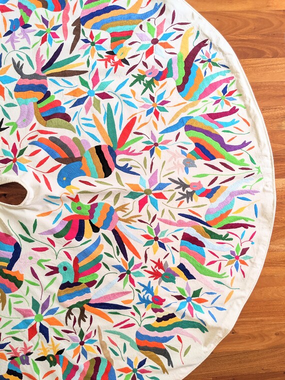 Made-to-Order / Custom Made: Otomí Christmas Tree Skirt Hand Embroidered Decorations Mexican Textile in Multicolor