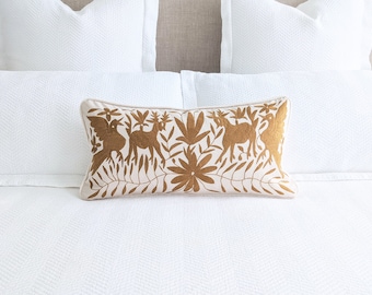 Made-to-Order / Custom Made: Otomí Lumbar Throw Pillow Cover Hand Embroidery Decorative Mexican Fabric in Gold Ocher
