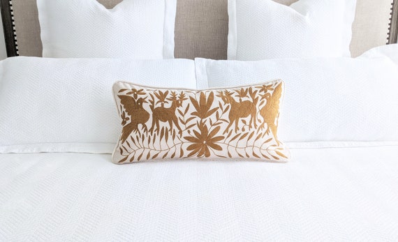Made to Order. Otomí Lumbar Throw Pillow Cover Hand Embroidered Mexican Fabric in Gold Ocher