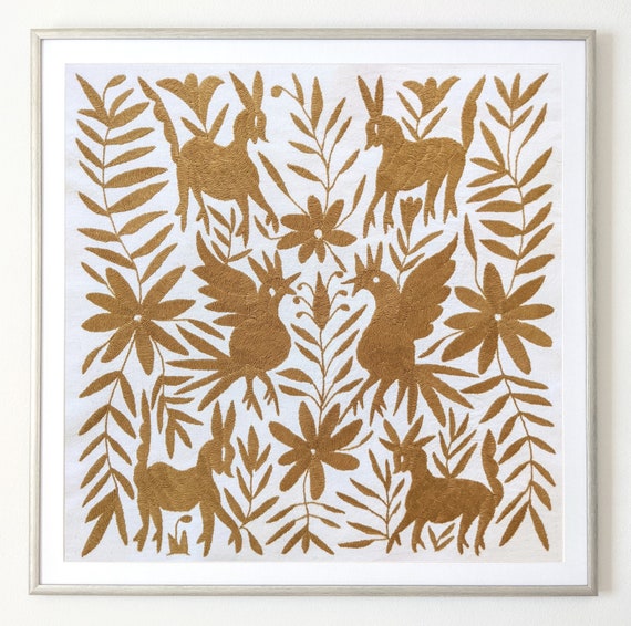 Made to Order. Unframed Otomi Wall Art Hand Embroidered Tapestry Mexican Textile in Gold Ocher.