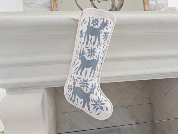 Hand Embroidered Otomi Christmas Stocking - Blue Gray Mexican Textile