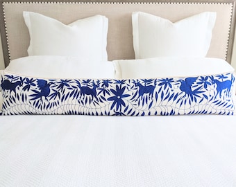 Custom Otomi Long Lumbar Pillow Cover Hand Embroidered - Royal Blue Mexican Textile