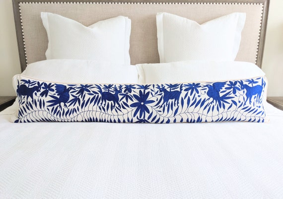 Made-to-Order / Custom Made: Otomí Extra Long Lumbar Throw Pillow Cover Hand Embroidery Decorative Mexican Textile in Royal Blue