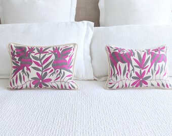 Custom Otomi Lumbar Pillow Cover Set - Pink Gray Hand Embroidered Mexican Textile