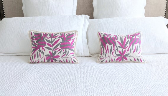 Made-to-Order / Custom Made: 2 Otomi Throw Small Lumbar Pillow Covers Hand Embroidery Decorative Mexican Fabric in Pink and Gray