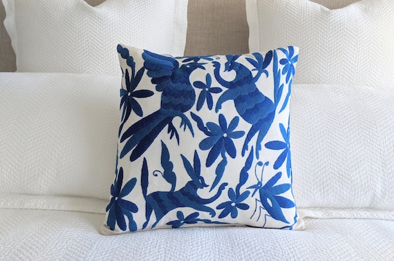 In Stock: Otomi Decorative Throw Pillow Cover Mexican Hand Embroidery in Sapphire and Royal Blue