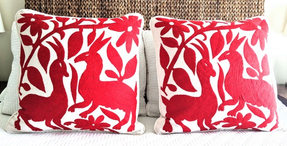 Made-to-Order / Custom Made: Two Otomí Hand Embroidery Christmas Decorative Throw Pillow Covers Mexican Textile Fabric in Red
