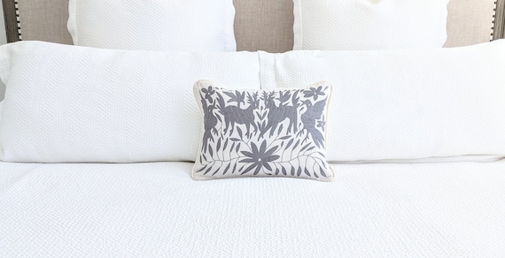 Custom Otomi Lumbar Pillow Cover Hand Embroidered - Gray Mexican Textile