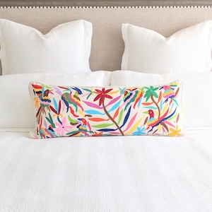 Made-to-Order / Custom Made: Otomí Long Lumbar Throw Pillow Cover Hand Embroidery Decorative Mexican Textile in Multicolor