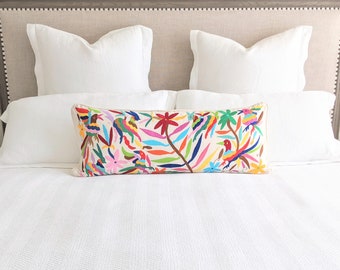 Made-to-Order / Custom Made: Otomí Long Lumbar Throw Pillow Cover Hand Embroidery Decorative Mexican Textile in Multicolor