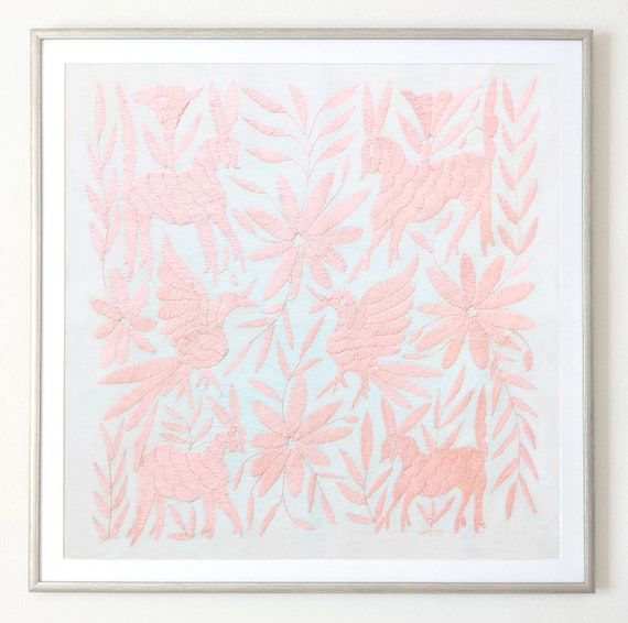 Made to Order. Unframed Otomi Wall Art Hand Embroidered Tapestry Mexican Textile in Peach Pink Color