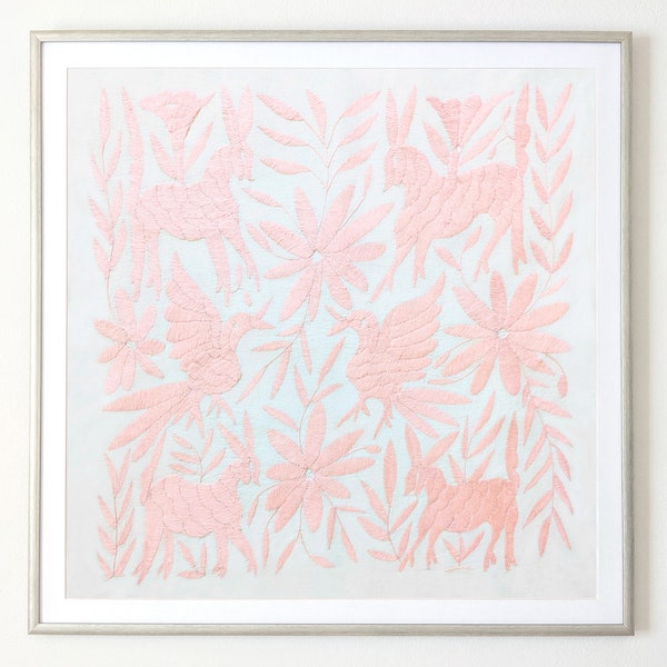 Made-to-Order / Custom Made: Unframed Otomi Wall Art Decor Mexican Textile Fabric Hand Embroidered in Peach Pink Color