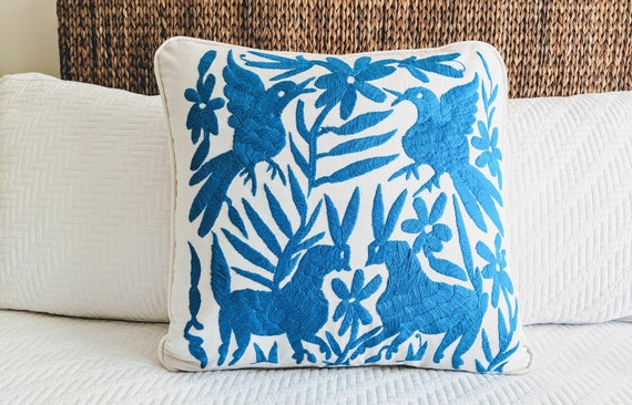Made-to-Order / Custom Made: Otomi Throw Pillow Cover Hand Embroidery Decorative Mexican Fabric in Cobalt Celestial Blue