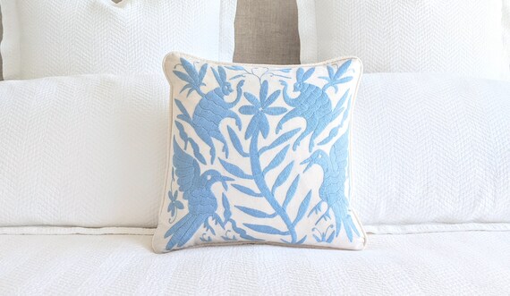 In Stock: Otomi Throw Pillow Cover Hand Embroidery Decorative Mexican Fabric in Pastel Blue 16 x 16