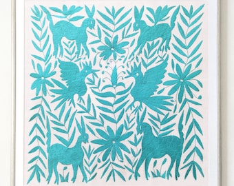 Made-to-Order / Custom Made: Unframed Otomi Wall Art Decor Hand Embroidered Mexican Textile Fabric in Bermuda Green Color