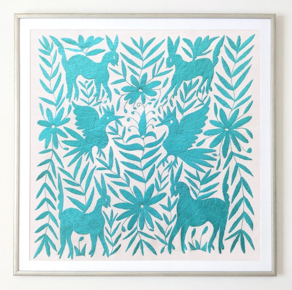 Made to Order. Unframed Otomi Wall Art Hand Embroidered Tapestry Mexican Textile in Bermuda Green.