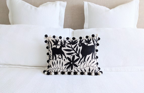 In Stock: 1 Otomi Throw Pillow Cover Hand Embroidery Pom Pom Decorative Mexican Fabric in Black