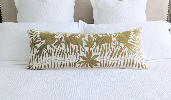 Made to Order. Otomí Long Lumbar Throw Pillow Cover Hand Embroidered Mexican Textile in Gold and Spinach Green