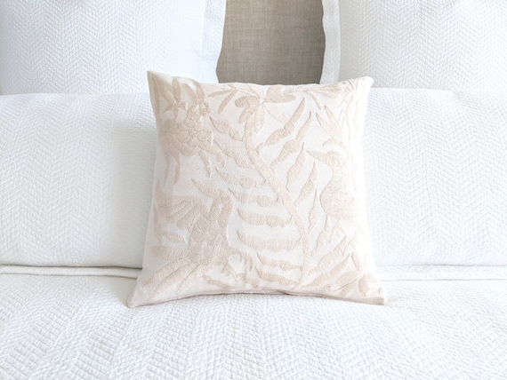 Made-to-Order / Custom Made: Otomi Throw Pillow Cover Hand Embroidery Decorative Mexican Fabric in Ivory Light Beige