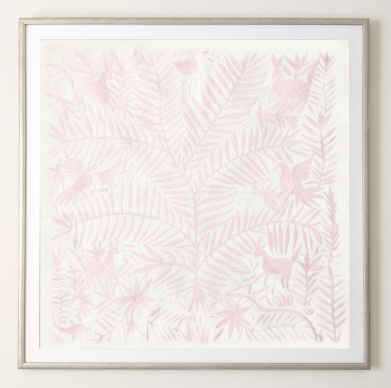 Made to Order. Unframed Otomi Tree of Life Wall Art Hand Embroidered Tapestry Mexican Textile in Pastel Pink.