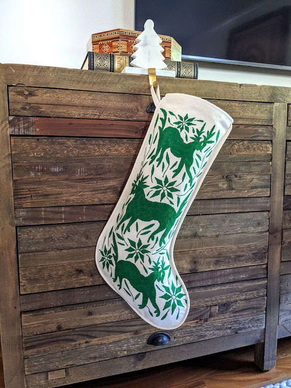 Made-to-Order / Custom Made: 1 Otomi Christmas Stocking Hand Embroidered Decorative Mexican Textile Fabric in Green Amazon