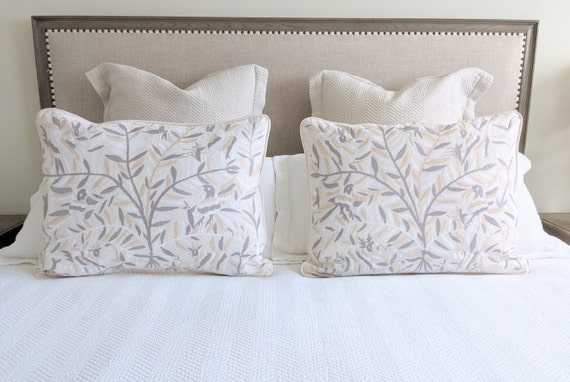 Made-to-Order / Custom Made: 2 Otomí Shams Pillow Covers Hand Embroidered Tree of Life  Mexican Fabric in Neutrals Ivory Beige Gray White