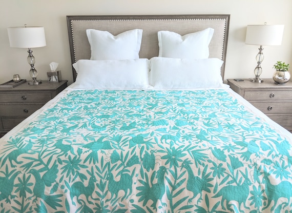 In Stock: Otomi Hand Embroidered Throw Quilt Blanket Decorative Mexican Textile Fabric Twin / Full Bed in Bermuda Green