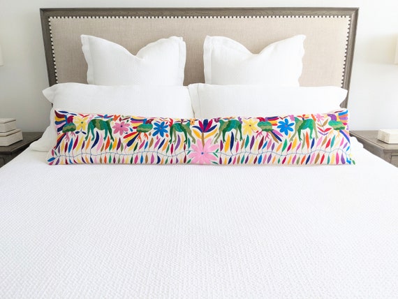 Made-to-Order / Custom Made: Otomí Extra Long Lumbar Throw Pillow Cover Hand Embroidery Decorative Mexican Textile in Multicolor