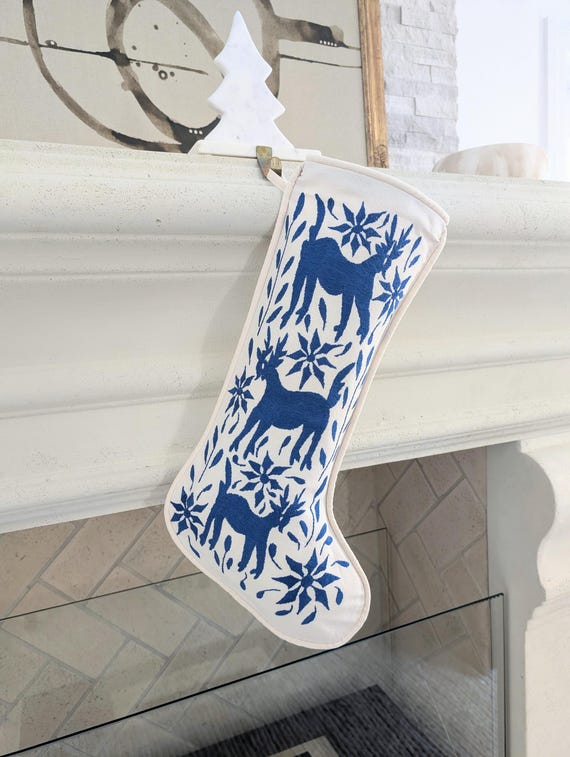 Otomi Christmas Stocking Hand Embroidered - Sapphire Blue Mexican Textile