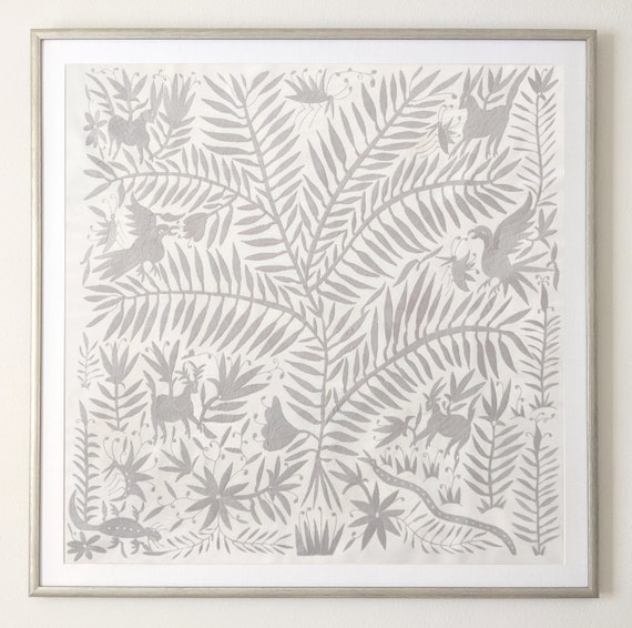 In Stock. Unframed Otomi Tree of Life Wall Art Hand Embroidered Tapestry Mexican Textile in Gray.