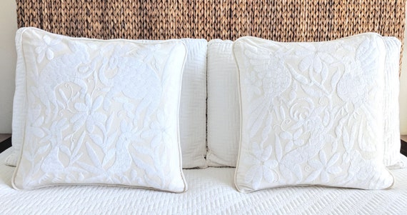 Made-to-Order / Custom Made: 2 Otomi Throw Pillow Covers Hand Embroidery Decorative Mexican Fabric in White
