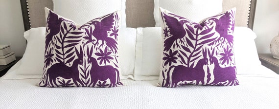 In Stock: 2 Otomi Decorative Throw Pillows Covers Hand Embroidery Mexican Fabric in Purple Grape