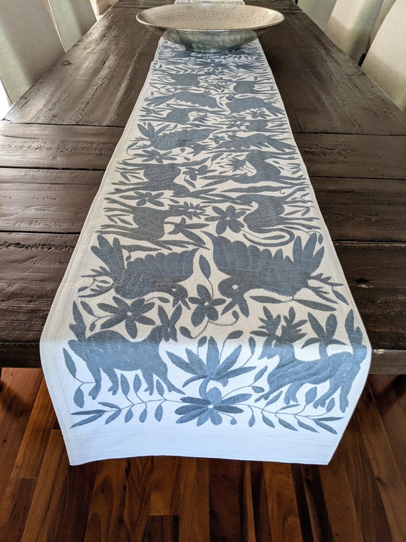 Made to Order. Otomí Table Runner Hand Embroidered Mexican Textile in Blue Gray Slate
