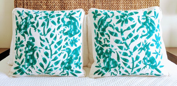 Made-to-Order / Custom Made: Otomi Throw Pillow Covers Hand Embroidery Decorative Mexican Fabric in Green Hues