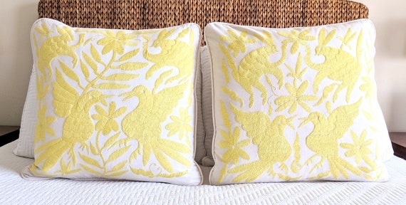 Made-to-Order / Custom Made: 2 Otomi Throw Pillow Covers Hand Embroidery Mexican Fabric in Limelight Yellow