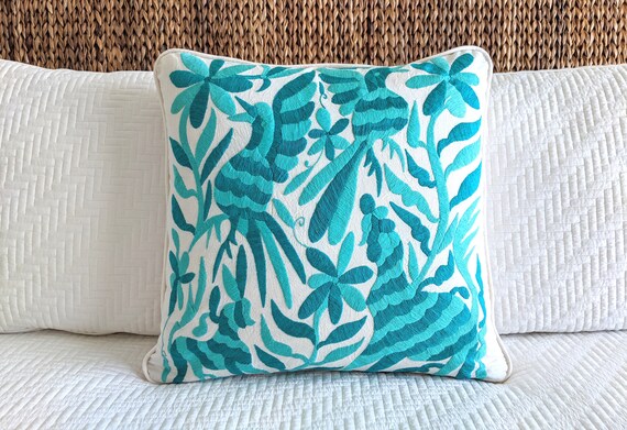 Custom Otomi Pillow Cover Hand Embroidered - Green Turquoise Mexican Textile