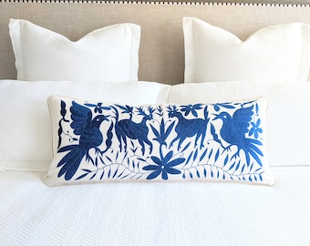 Made-to-Order / Custom Made: Otomí Lumbar Throw Pillow Cover Hand Embroidery Decorative Mexican Textile in Sapphire Blue