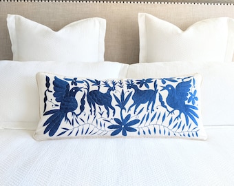 Custom Otomi Lumbar Pillow Cover Hand Embroidered - Sapphire Blue Textile