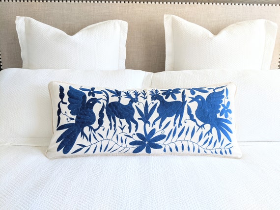 Made-to-Order / Custom Made: Otomí Lumbar Throw Pillow Cover Hand Embroidery Decorative Mexican Textile in Sapphire Blue