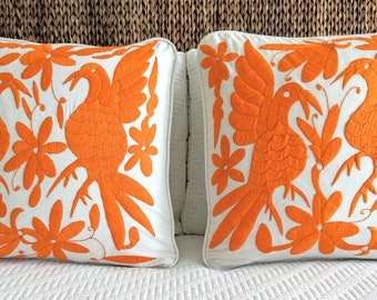 Made-to-Order / Custom Made: 2 Otomi Throw Pillows Covers Hand Embroidery Decorative Mexican Fabric in Orange