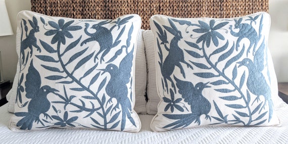 Made to Order. Two Otomí Throw Pillow Covers Hand Embroidered Mexican Textile in Blue Gray Slate