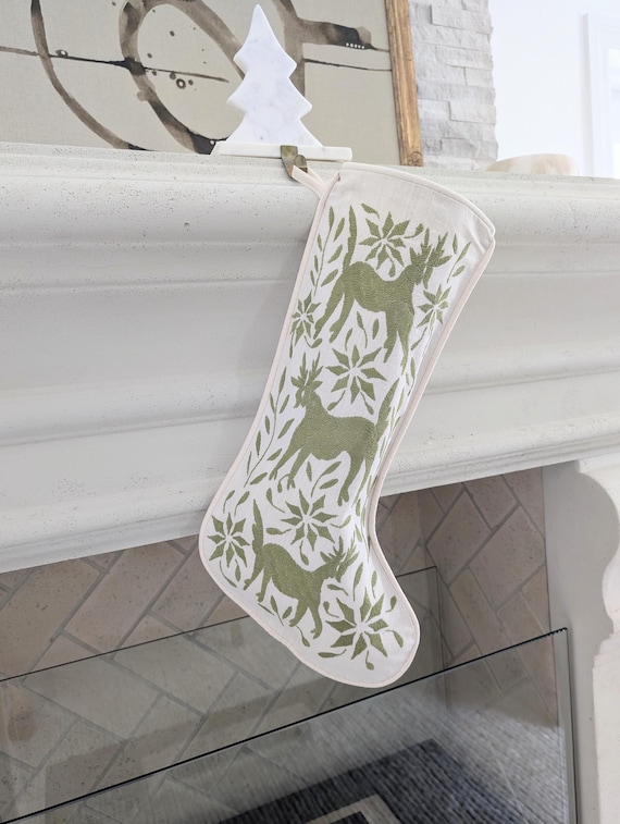 Otomi Christmas Stocking Hand Embroidered - Spinach Green Mexican Textile