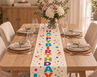 Happy Birthday Table Runner, Colorful Polyester Birthday Party Decor