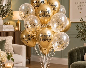 Gold Happy Birthday Balloons, 20 Piece Gold Confetti Balloon Set