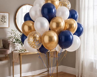 Navy Blue Gold Balloon Bouquet, Confetti White Party Supplie, Birthday decor