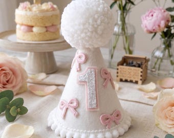 Cream Felt First Birthday Hat, Pink Bows, Balletcore Cake Smash Prop