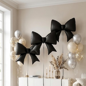 Set of 3 Black Bow Balloons – Large Foil Party Decor, Birthday Wedding Backdrop