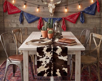 Cowhide Print Table Runner, Western Party Decor, Rustic Country Table Cover