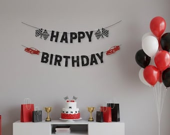 Race Car Happy Birthday Banner, Black Glitter Racing Party Decor